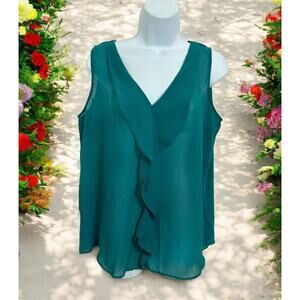 Ann Taylor LOFT Teal Semi Sheer Blouse Sz Medium Sleeveless Ruffle V-Neck Top
